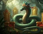 Large green snake coiled around a detailed Thai temple ...